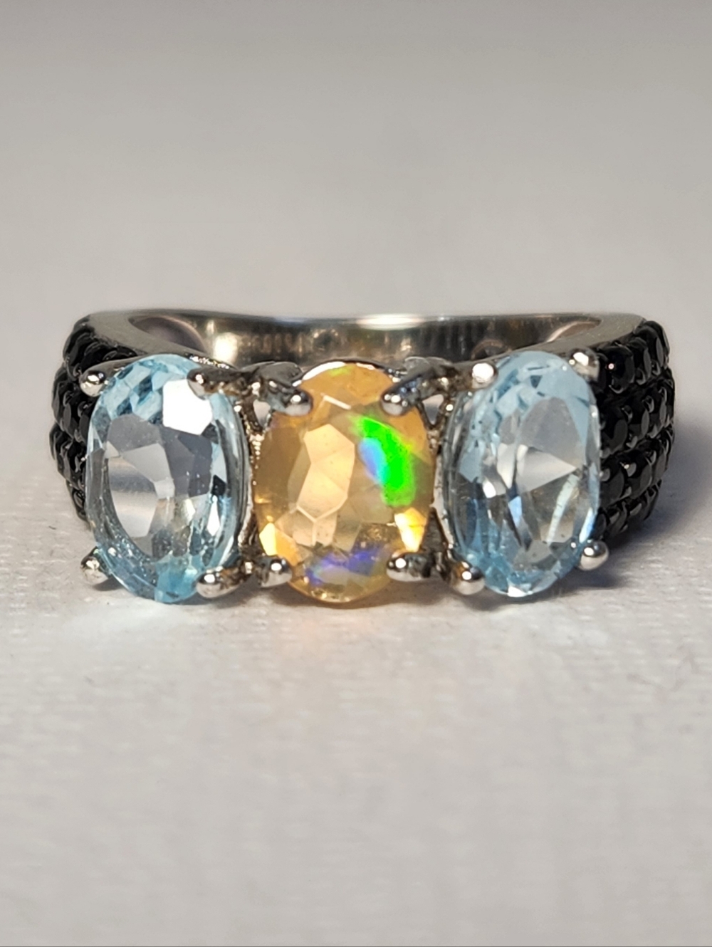 NIB VTG 925 Three-Stone Blue Topaz Natural Ethiopian Opal Spinel Ring Sz 4-4.5